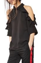 Women's Topshop Ruffle Cold Shoulder Top Us (fits Like 10-12) - Black