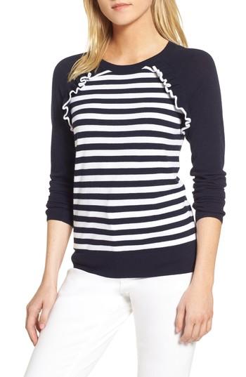 Women's 1901 Ruffle Trim Stripe Sweater, Size - Blue