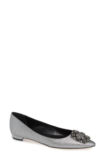 Women's Manolo Blahnik 'hangisi' Jeweled Pointy Toe Flat Us / 34eu - Metallic