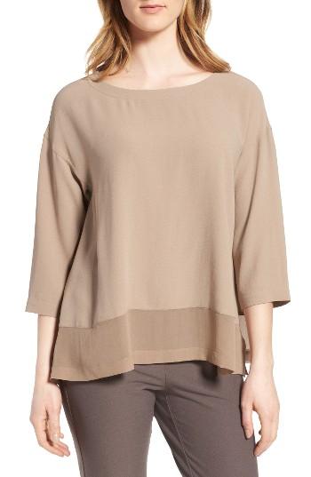 Women's Eileen Fisher Sheer Hem Silk Top, Size - Beige