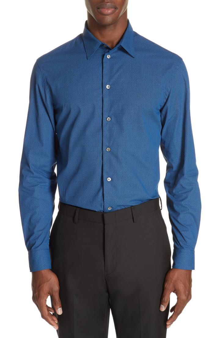 Men's Emporio Armani Regular Fit Geometric Sport Shirt, Size - Blue