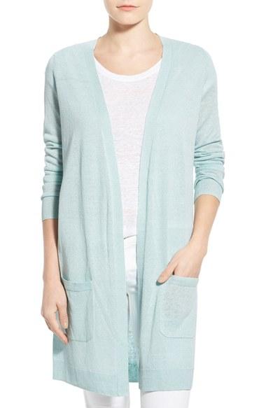 Petite Women's Halogen Long Linen Blend Cardigan P - Blue