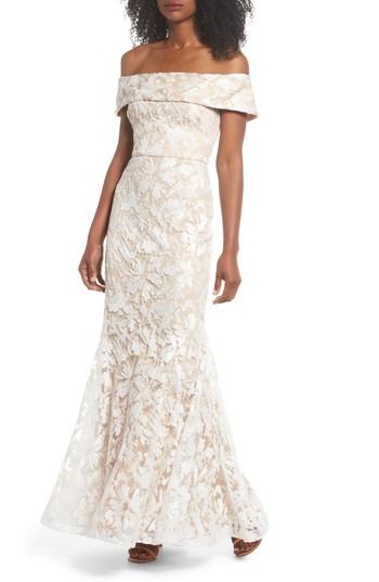 Women's Eliza J Off The Shoulder Sequin Trumpet Gown - Beige