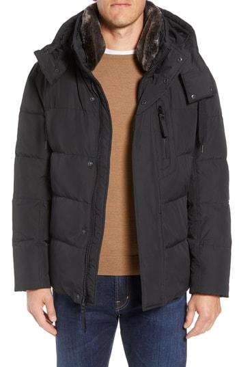 Men's Marc New York Baltic Faux Fur Trim Down & Feather Fill Parka - Black
