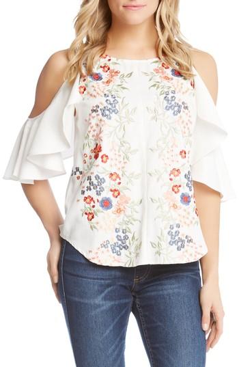 Women's Karen Kane Embroidered Cold Shoulder Ruffle Top - Ivory