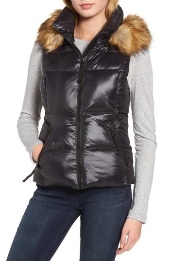 Women's Snowcat Hooded Down & Feather Fill Vest With Faux Fur Trim - Grey