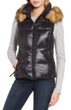 Women's Snowcat Hooded Down & Feather Fill Vest With Faux Fur Trim - Grey
