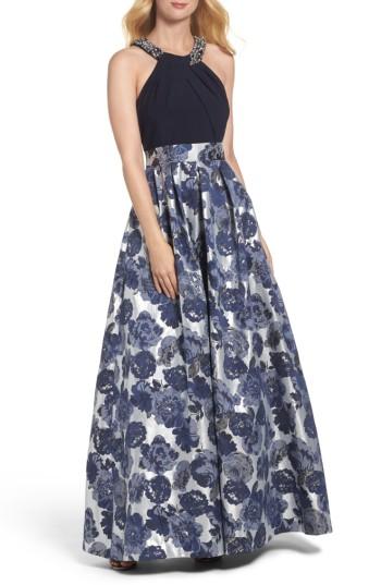 Women's Eliza J Embellished Floral Jacquard Fit & Flare Gown - Blue