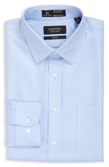 Men's Nordstrom Men's Shop Smartcare(tm) Trim Fit Herringbone Dress Shirt - 34/35 - Blue