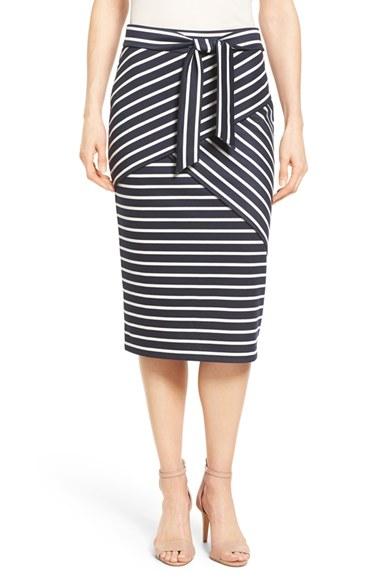 Women's Halogen Stripe Tie Waist Tiered Front Knit Tube Skirt