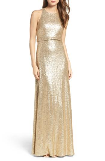 Women's Jenny Yoo Sloane Sequin Halter Gown - Metallic