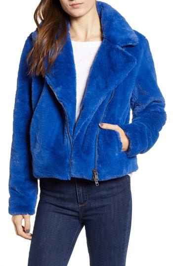 Women's Rebecca Minkoff Henderson Faux Fur Moto Jacket, Size - Blue