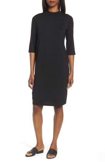 Women's Eileen Fisher Mock Neck Jersey Shift Dress, Size - Black