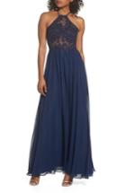 Women's Blondie Nites Applique Illusion Gown - Blue