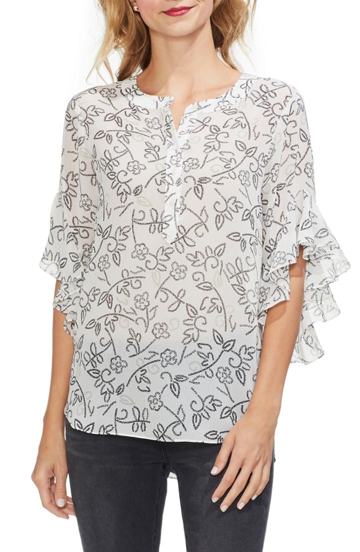 Women's Vince Camuto Flutter Sleeve Floral Henley Shirt, Size - Ivory