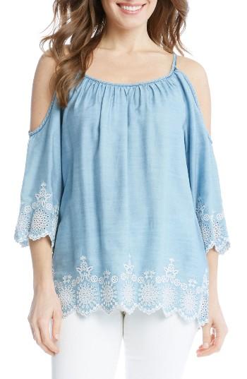 Women's Karen Kane Embroidered Chambray Cold Shoulder Top