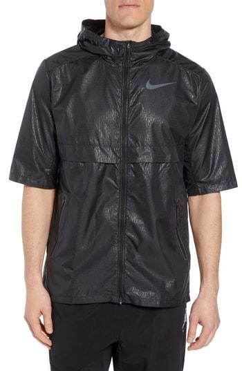 Men's Nike Running Shield Short Sleeve Hooded Jacket - Black