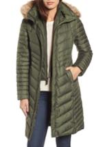 Women's Andrew Marc Chevron Quilted Coat With Genuine Coyote Fur Trim - Green