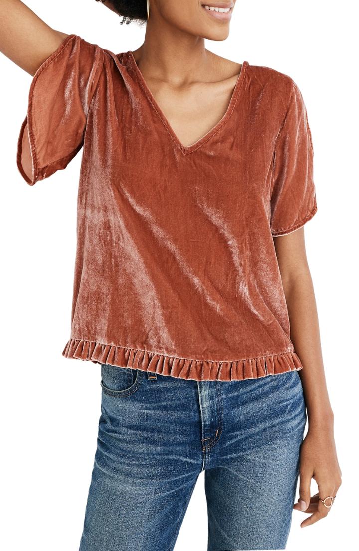 Women's Madewell Ruffle Tulip Sleeve Velvet Top - Red