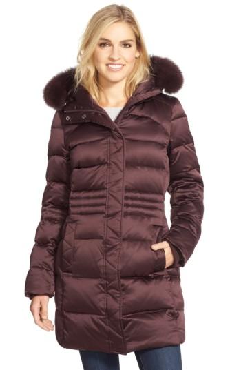 Petite Women's Sachi Down Coat With Genuine Fox Fur Trim, Size P - Burgundy