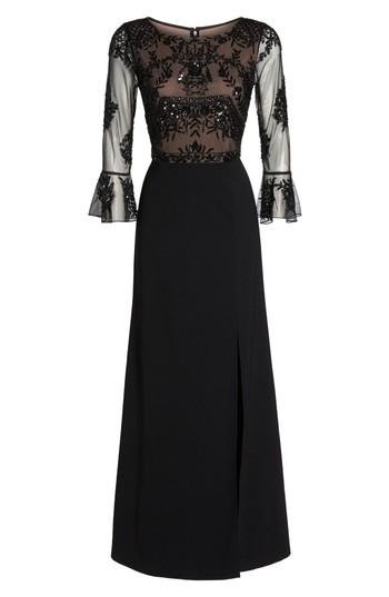 Women's Adrianna Papell Embellished Ruffle Sleeve Mesh & Crepe Gown - Black