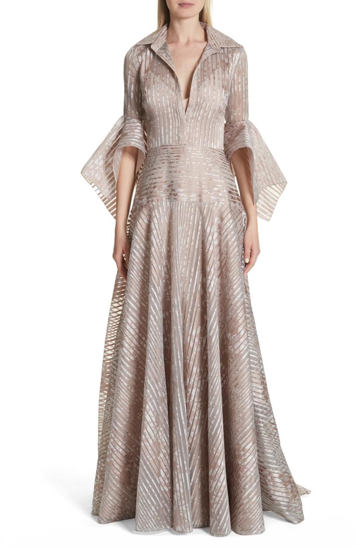 Women's Badgley Mischka Platinum Metallic Texture Stripe Organza Gown