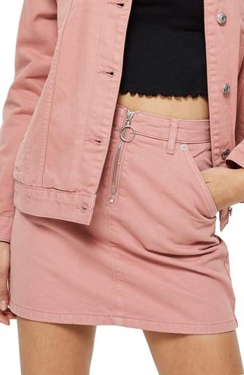 Women's Topshop Half Zip Denim Skirt Us (fits Like 0) - Pink