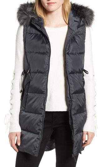 Women's Sam Edelman Faux Fur Trim Hooded Side-tie Vest - Grey