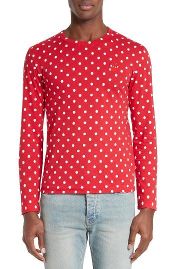 Men's Comme Des Garcons Play Dot Print Long Sleeve Crewneck T-shirt - Red