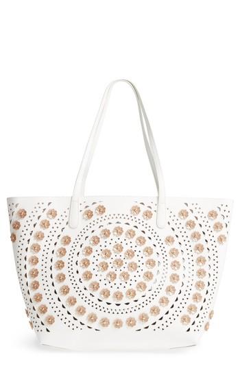 Sondra Roberts Perforated Glitter Flower Faux Leather Tote - Beige