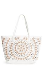 Sondra Roberts Perforated Glitter Flower Faux Leather Tote - Beige