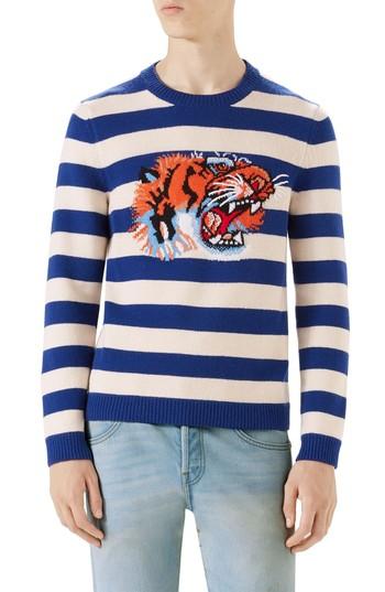 Men's Gucci Stripe Tiger Wool Crewneck Sweater - Black