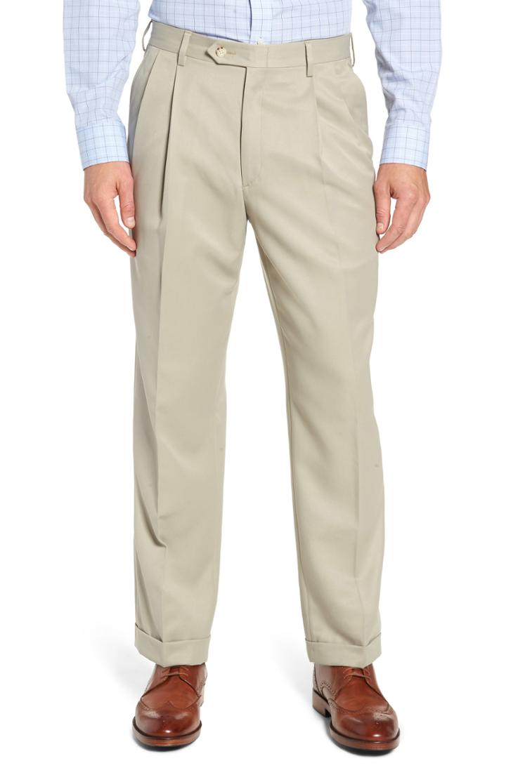 Men's Berle Classic Fit Pleated Microfiber Performance Trousers - Beige