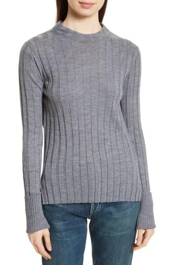 Women's Theory Wide Ribbed Mock Neck Wool Sweater - Grey