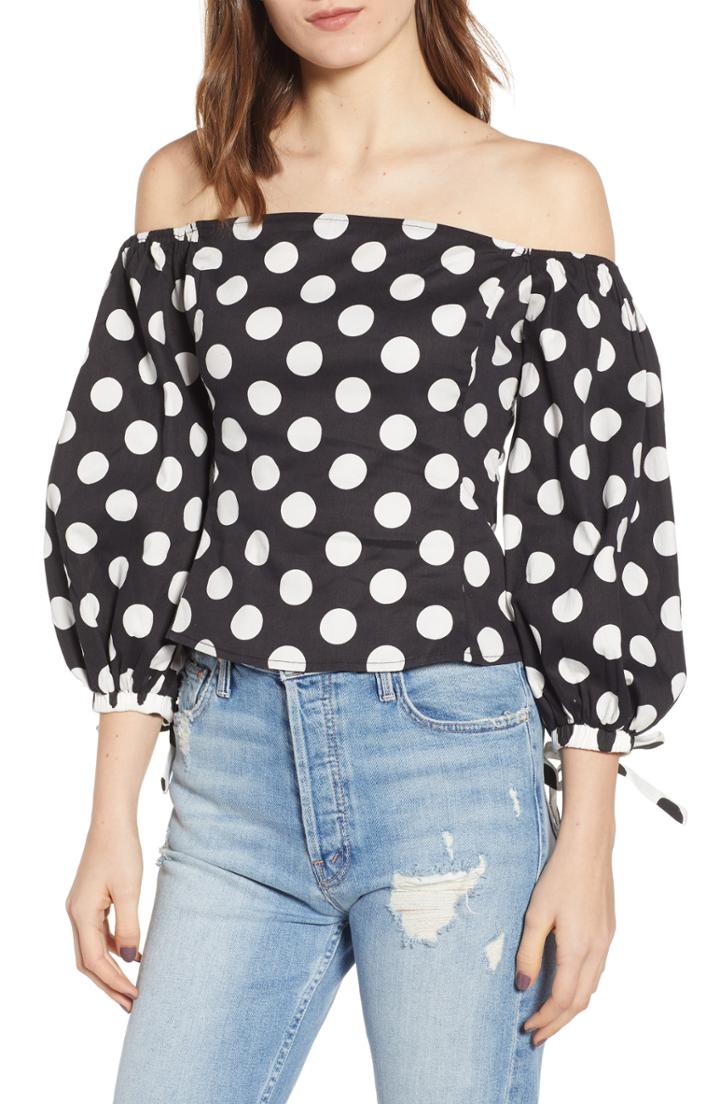 Women's Endless Rose Polka Dot Off The Shoulder Cotton Top - Black