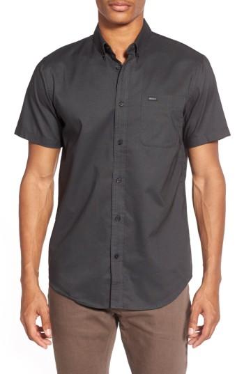 Men's Rvca 'that'll Do' Slim Fit Short Sleeve Oxford Shirt, Size - Black