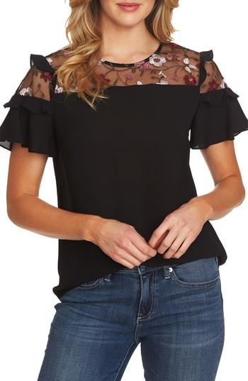 Women's Cece Ruffle Mesh Yoke Blouse - Black