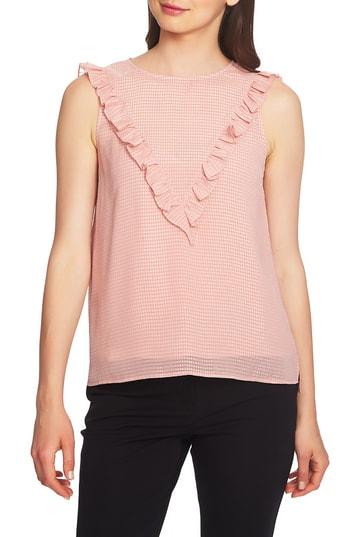 Women's 1.state Ruffle Detail Textured Sheer Check Blouse - Pink