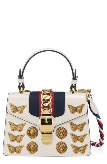 Gucci Mini Sylvie Animal Studs Leather Shoulder Bag - White