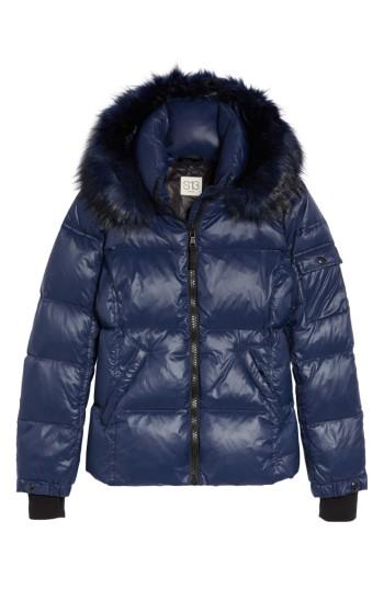 Women's S13/nyc Kylie Faux Fur Trim Gloss Puffer Jacket - Blue