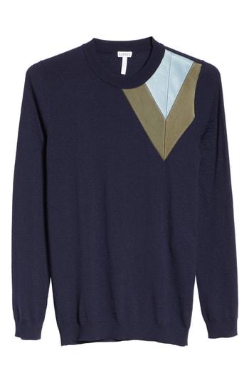 Women's Loewe Leather Chevron Shoulder Wool Sweater - Blue