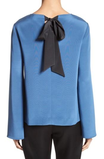 Women's St. John Collection Back Bow Stretch Silk Blouse, Size - Blue/green