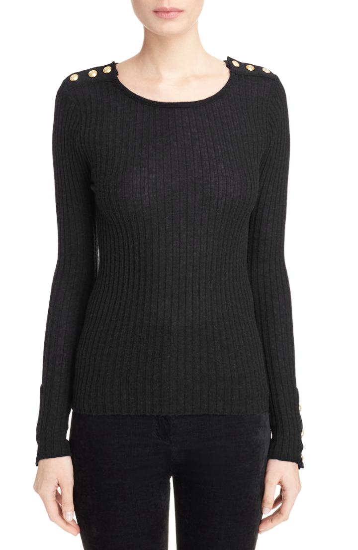 Women's Balmain Button Detail Ribbed Sweater Us / 40 Fr - Black