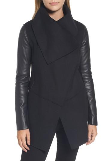 Women's Mackage Asymmetrical Leather Sleeve Coat, Size - Black