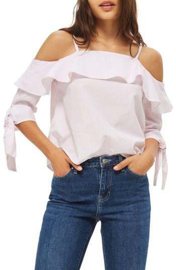 Women's Topshop Stripe Cold Shoulder Top Us (fits Like 0) - Pink