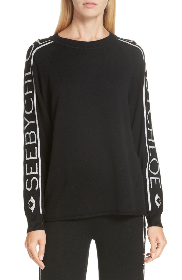 Women's See By Chloe Logo Jacquard Sleeve Wool Blend Sweater - Black