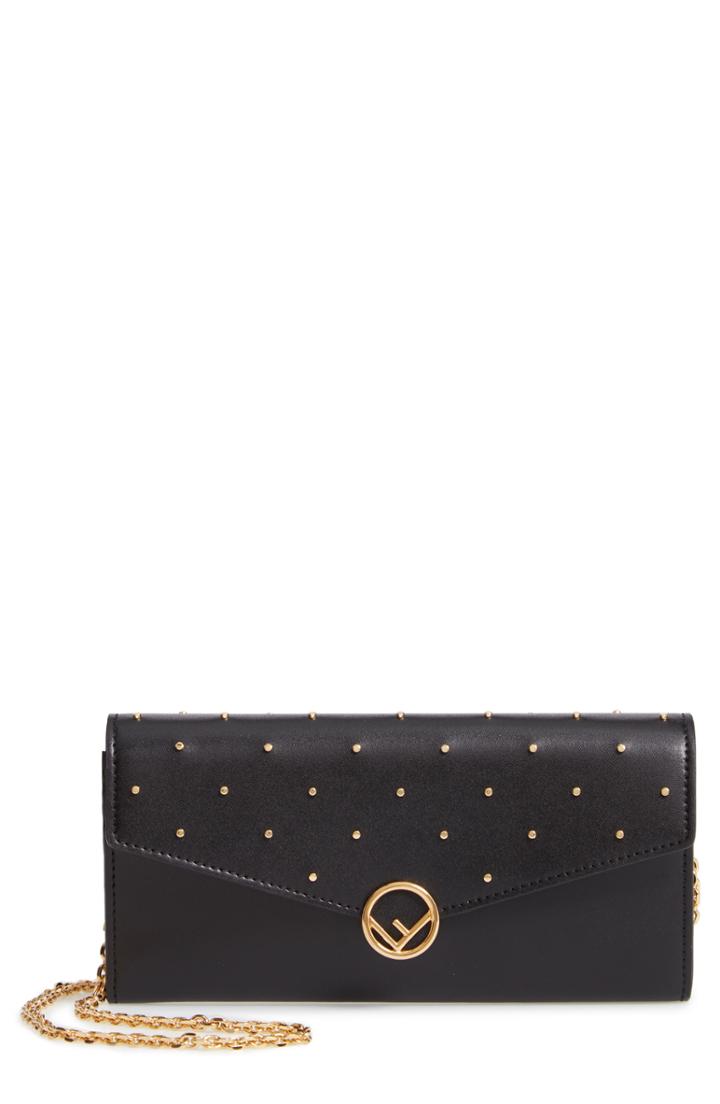 Women's Fendi Studded Calfskin Leather Continental Wallet On A Chain - Black