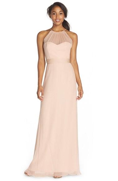 Women's Amsale Illusion Yoke Silk Chiffon Halter Style Gown