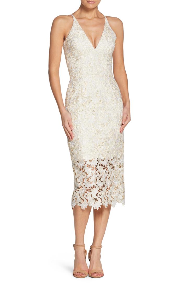 Women's Dress The Population Aurora Lace Tea Length Dress - Ivory