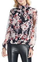 Women's Vince Camuto Blooms Smocked Ruffle Neck Crinkle Blouse, Size - Black
